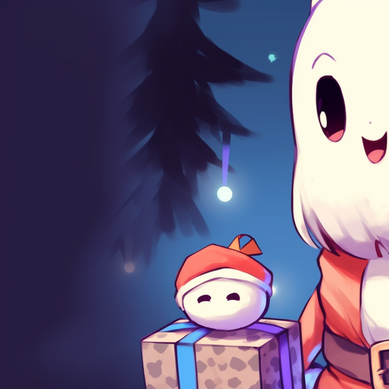 Two ghost characters, contrasting colors, exchanging Christmas gifts. fun ideas for matching cute ghost christmas pfp pfp for discord.