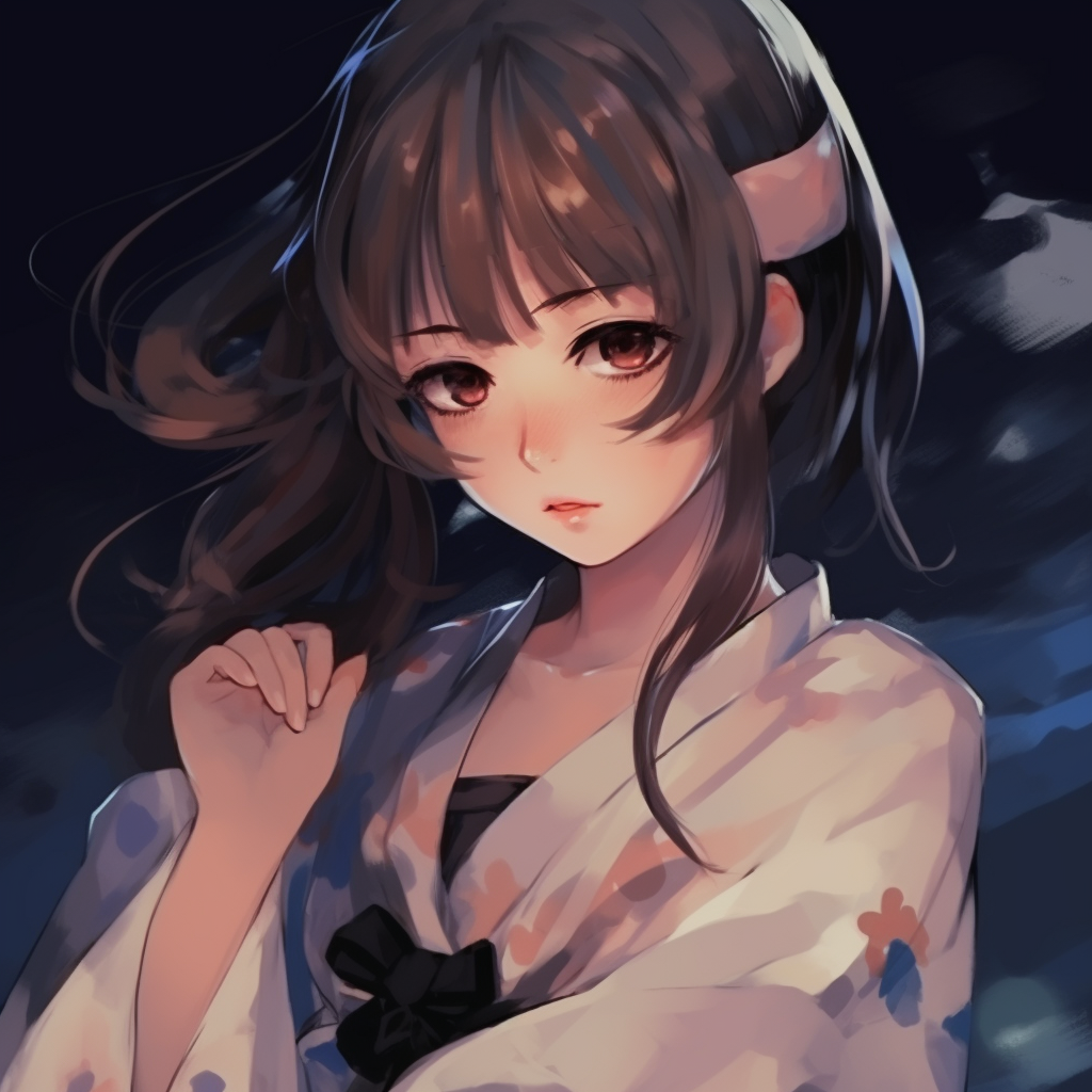 Girl in floral kimono under the moonlight, demonstrating traditional Japanese aesthetics. 512x512 anime pfp aesthetic