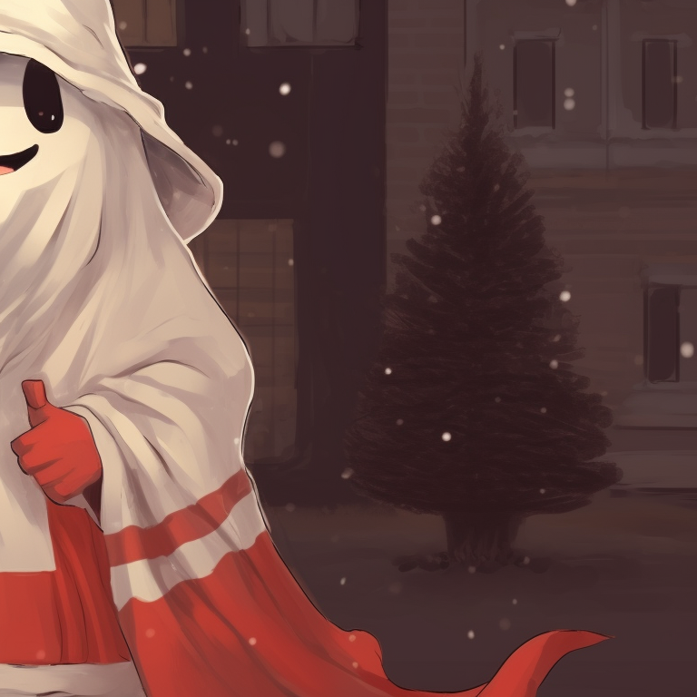 Pair of ghost characters under a snowy landscape, emotes a cozy Christmas vibe. animated matching christmas pfp ghost moments pfp for discord.