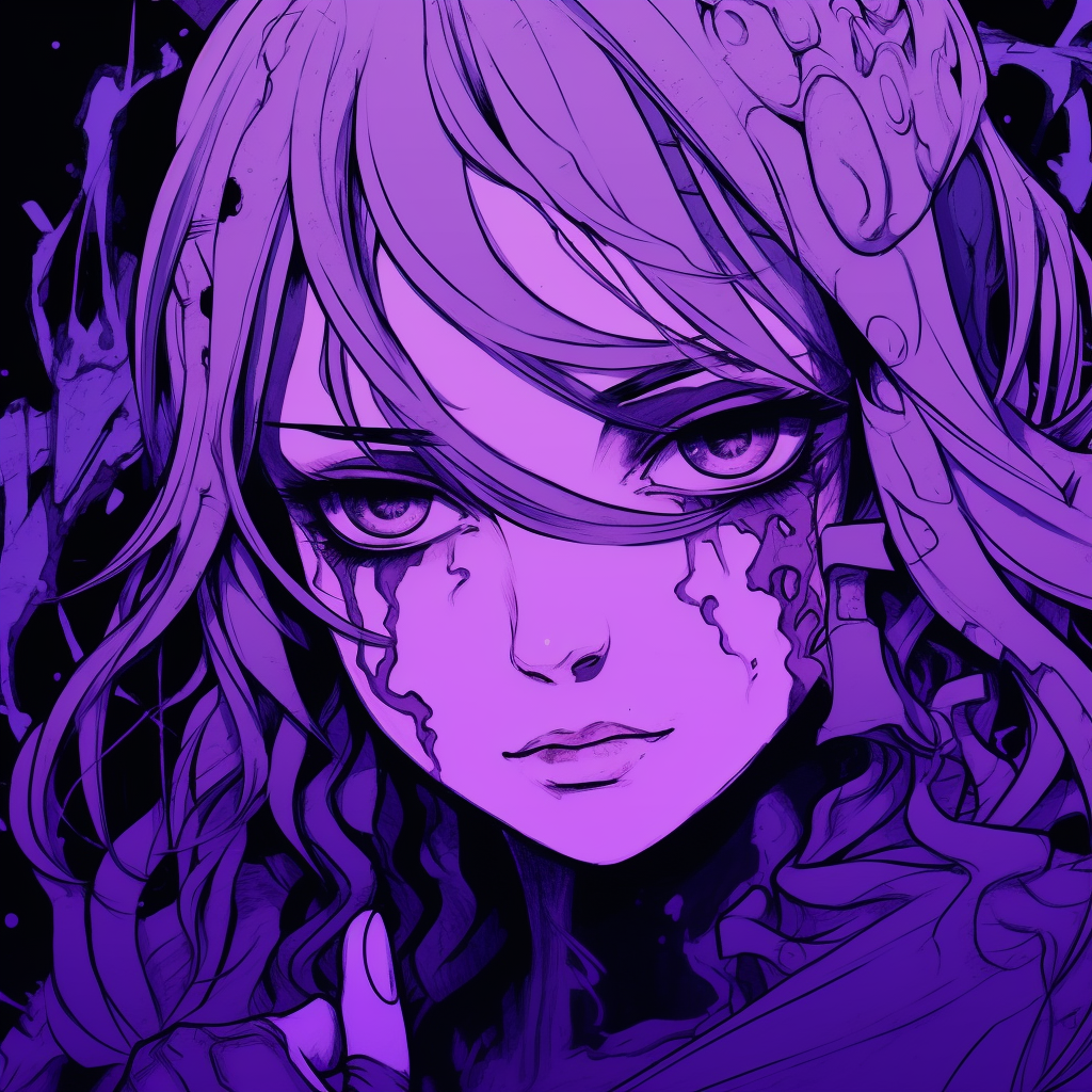 Deep purple saturation on a captivating anime portrait, showcasing detailed linework. cool anime purple pfp pfp for discord.