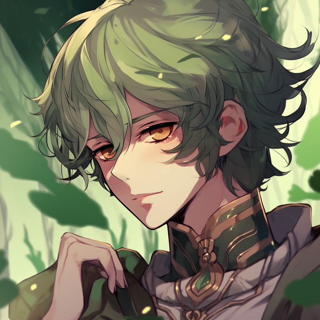 A mythical anime spirit creature cloaked in forest green, detailed with elaborate patterns. animated green anime pfp artwork