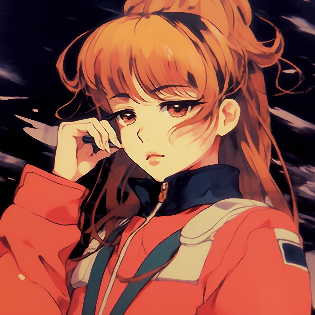 Close-up of Asuka's face showing determination and grit, minimal backdrop and focused details 90s anime characters pfp