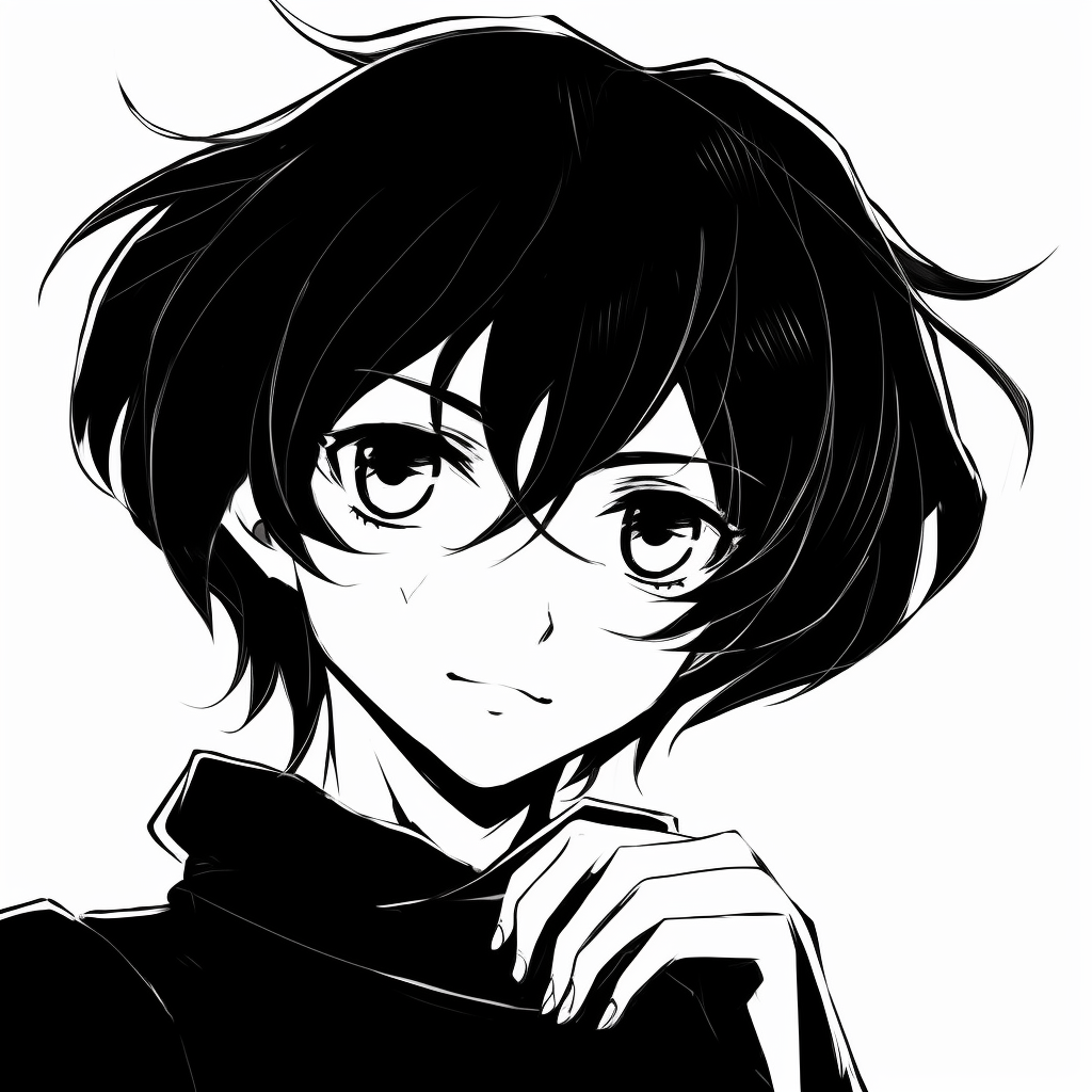 Profile of a retro Anime lead displayed in monochrome, highlighting the stark contrast and dramatic shading. classic black and white anime pfp