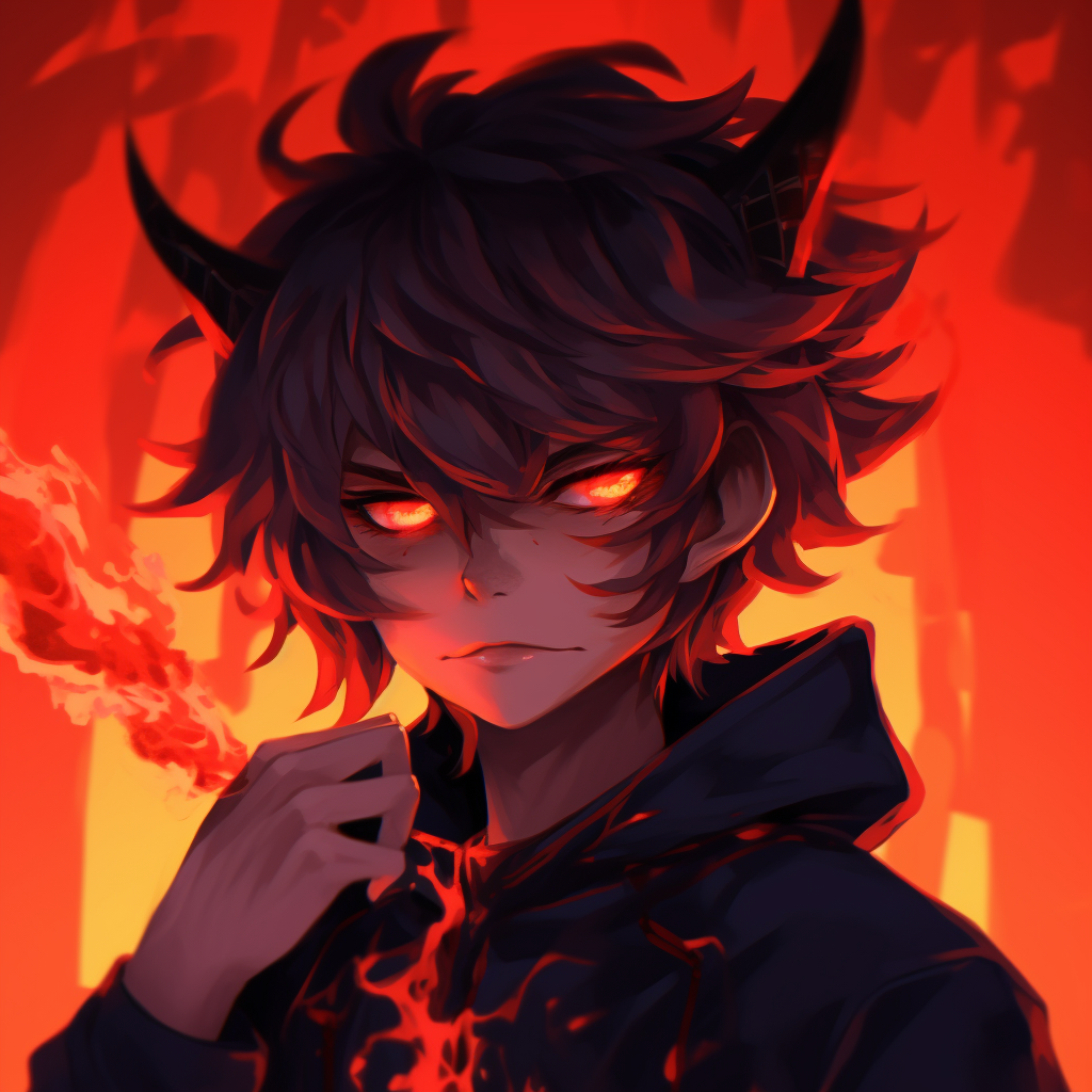 Demon boy wreathed in flames, featuring vivid red and orange colors. demonic anime pfp for boys pfp for discord.