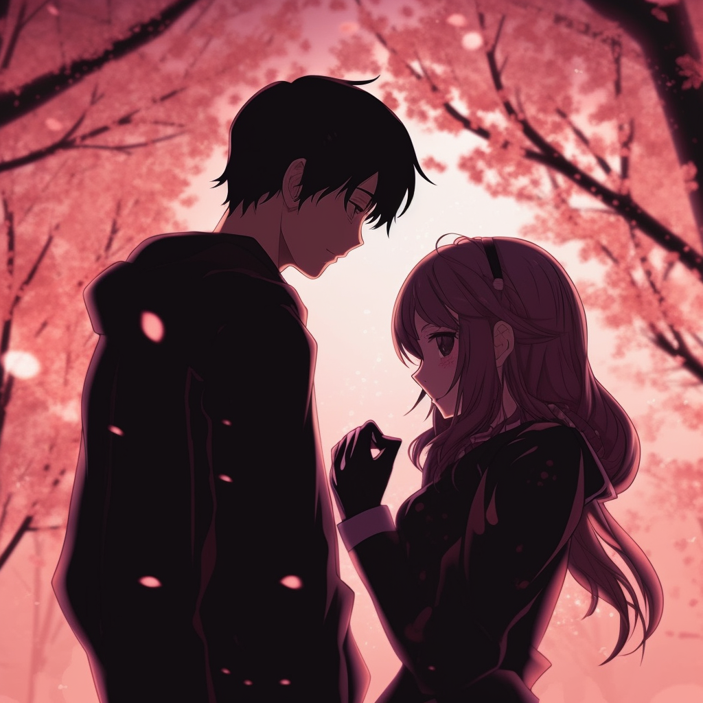 Lovers depicted under a shower of sakura petals, detailed artwork and pastel colors. romantic matching pfp anime