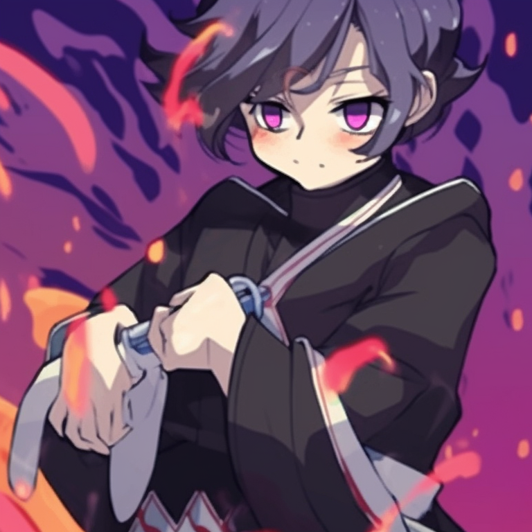 Two characters embracing, blush evident on their faces, contrasting hues and intricate clothes designs. incredible demon slayer matching pfp pack pfp for discord.