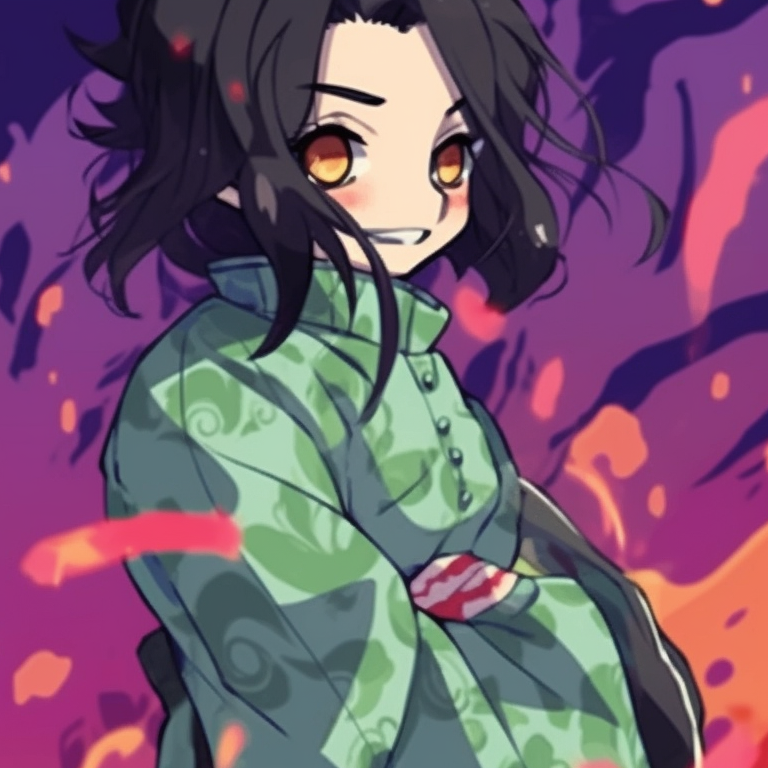 Two characters embracing, blush evident on their faces, contrasting hues and intricate clothes designs. incredible demon slayer matching pfp pack pfp for discord.