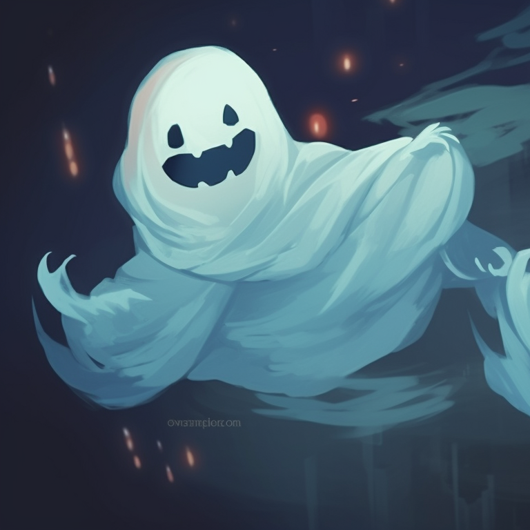 Two anime ghost characters, matching eerie smiles, muted colors with contrasting bright ghostly outlines. importance of ghost matching pfp in halloween theme pfp for discord.