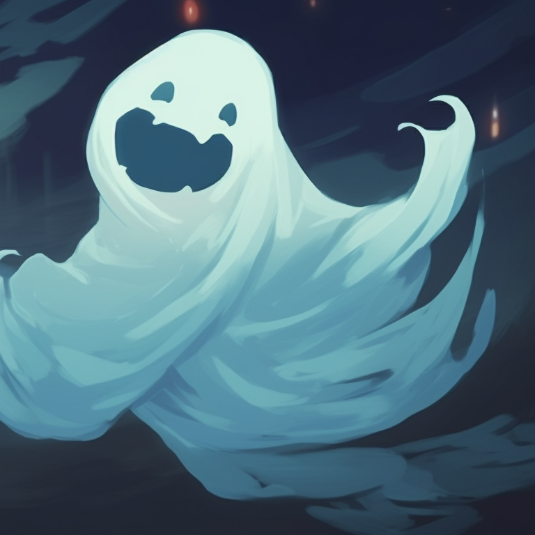 Two anime ghost characters, matching eerie smiles, muted colors with contrasting bright ghostly outlines. importance of ghost matching pfp in halloween theme pfp for discord.
