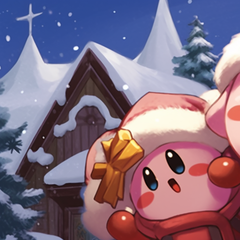 Kirby pair brightened by Christmas lights, detailed textures. best matching kirby christmas pfp pfp for discord.