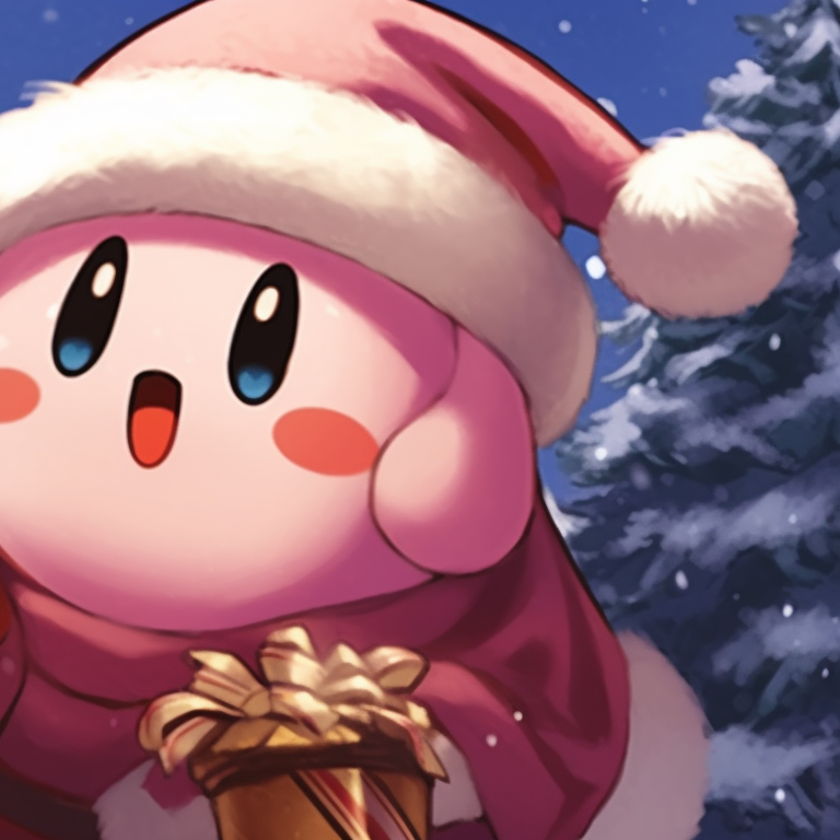 Kirby pair brightened by Christmas lights, detailed textures. best matching kirby christmas pfp pfp for discord.