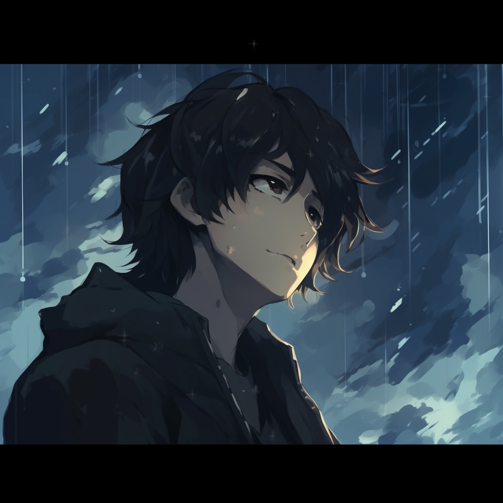 A Bacano character looking up at the night sky, dark tones with bits of light, and clean outlines. chill anime pfp inspirations