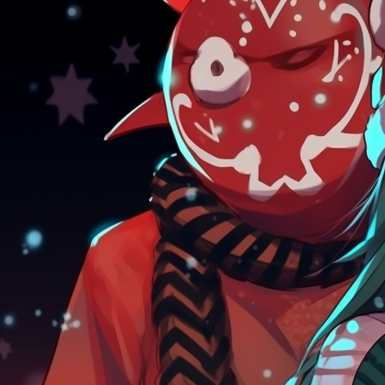 Two characters with harmonious Christmas-themed masks, soft lighting and warm colors. matching mask christmas pfp outfit ideas pfp for discord.