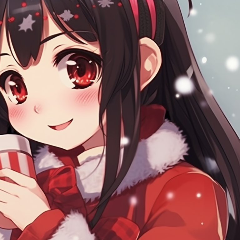 Two young girls dressed in red and white Christmas outfits, styled in cute anime aesthetics, sharing a cup of hot cocoa. favorite matching christmas anime girl pfp pfp for discord.