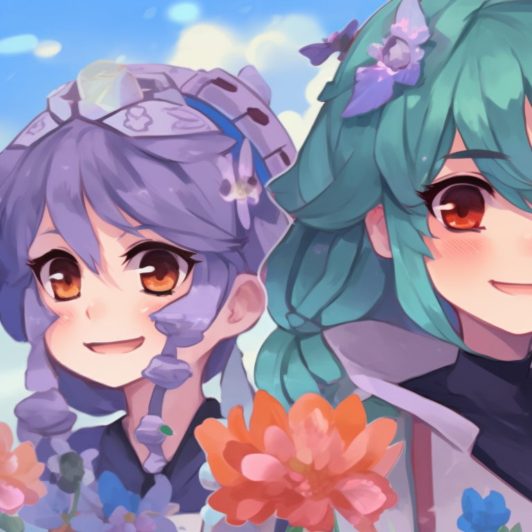 Four characters in a sugary wonderland, vibrant and contrasting candy-like colors. creative matching pfp for 4 friends pfp for discord.