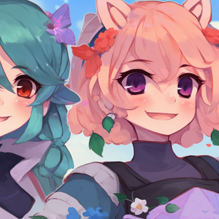 Four characters in a sugary wonderland, vibrant and contrasting candy-like colors. creative matching pfp for 4 friends pfp for discord.