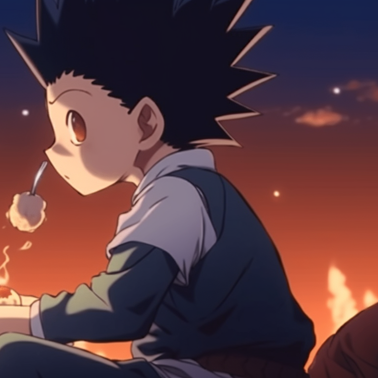 Faces of Gon and Killua at sunset, warm hues and intense gazes. gon and killua matching pfp gif pfp for discord.