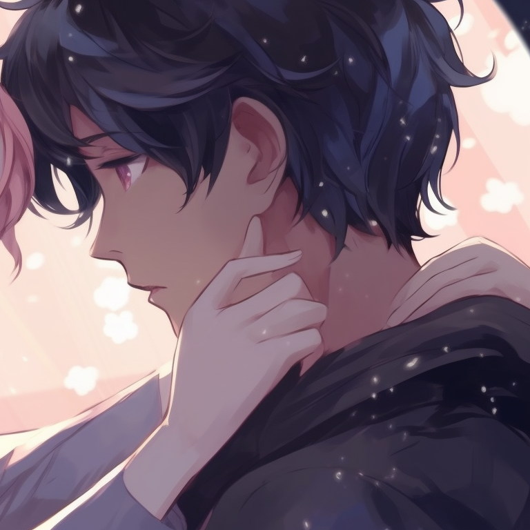 Two characters whispering, blowing hair and clothes. Crisp lines and muted colors creating cool atmosphere. romantic matching anime pfp pfp for discord.