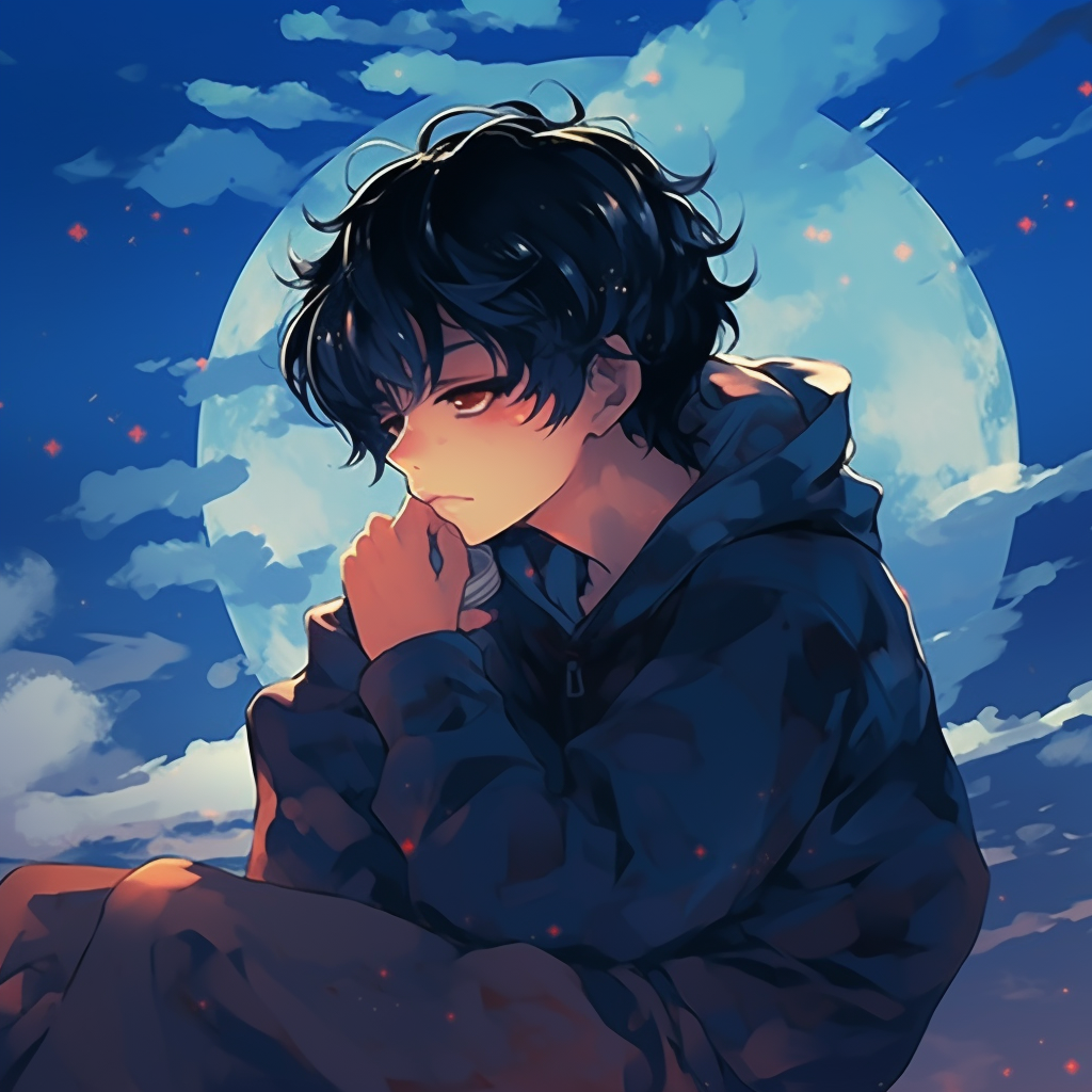 A tranquil anime character basking in gentle moonlight, highlighting the character's calm demeanor. chill anime pfp for boys