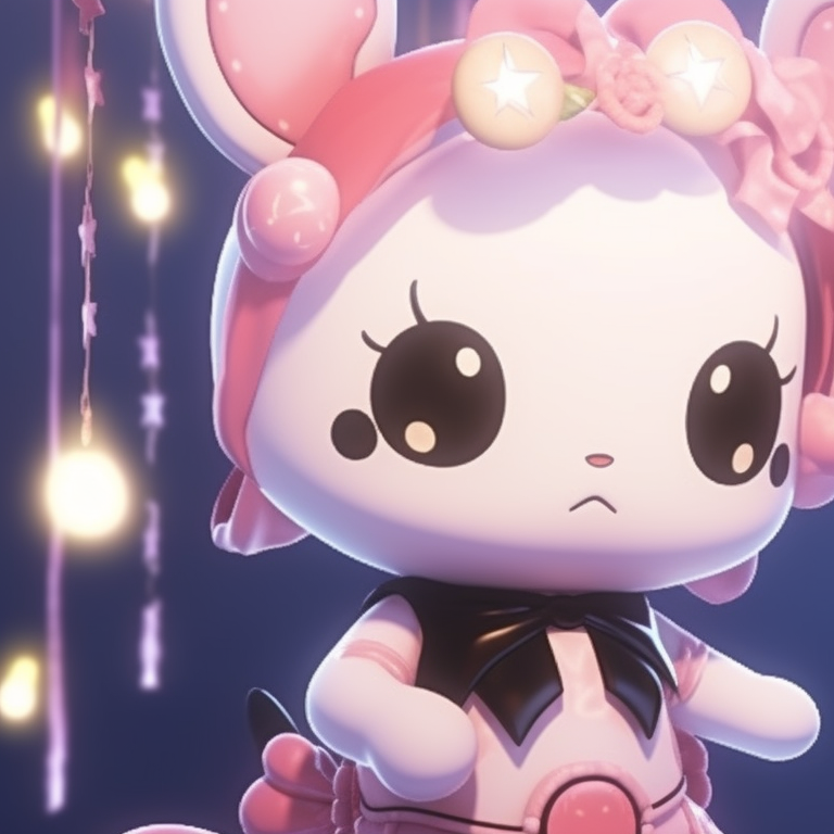 My Melody characters in cozy winter wear, snow flurries around them, building a snowman. unique matching my melody pfp for christmas pfp for discord.
