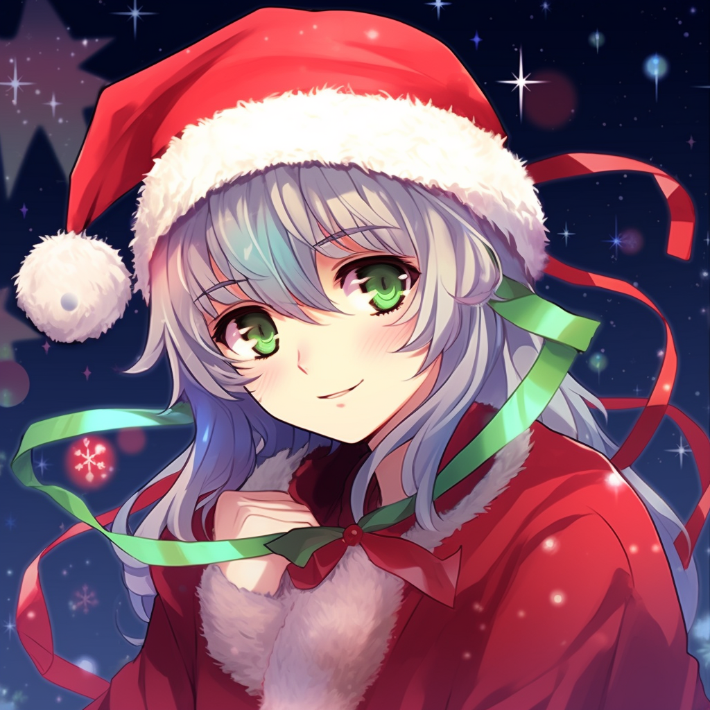 Anime girl styled as a cute Christmas elf, flaunting vibrant colors and exaggerated features cute anime christmas pfp