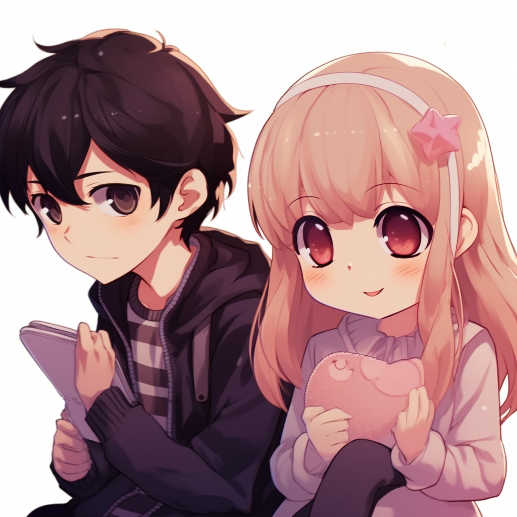 Anime couple gazing at each other, details in the eyes and soft shading highlighting their expressions. cool and cute matching pfp anime