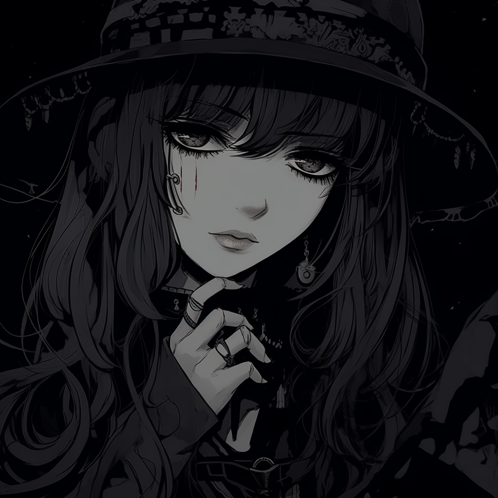 Witch character featuring layered clothing and intricate Jewelry, set against a foreboding dark background. anime pfp dark with gothic style pfp for discord.