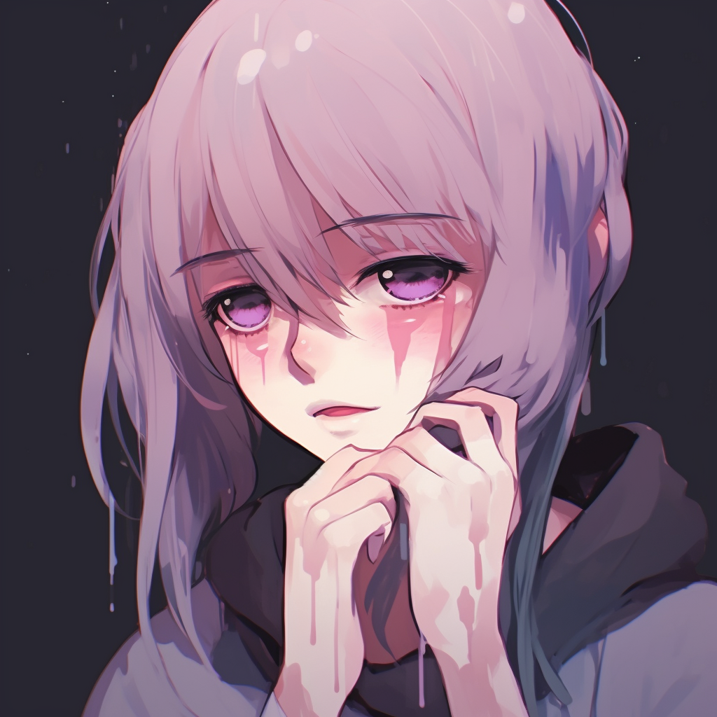 Anime girl with a tear rolling down, use of soft pastel colors and unique highlighting. aesthetic anime girl with sad pfp