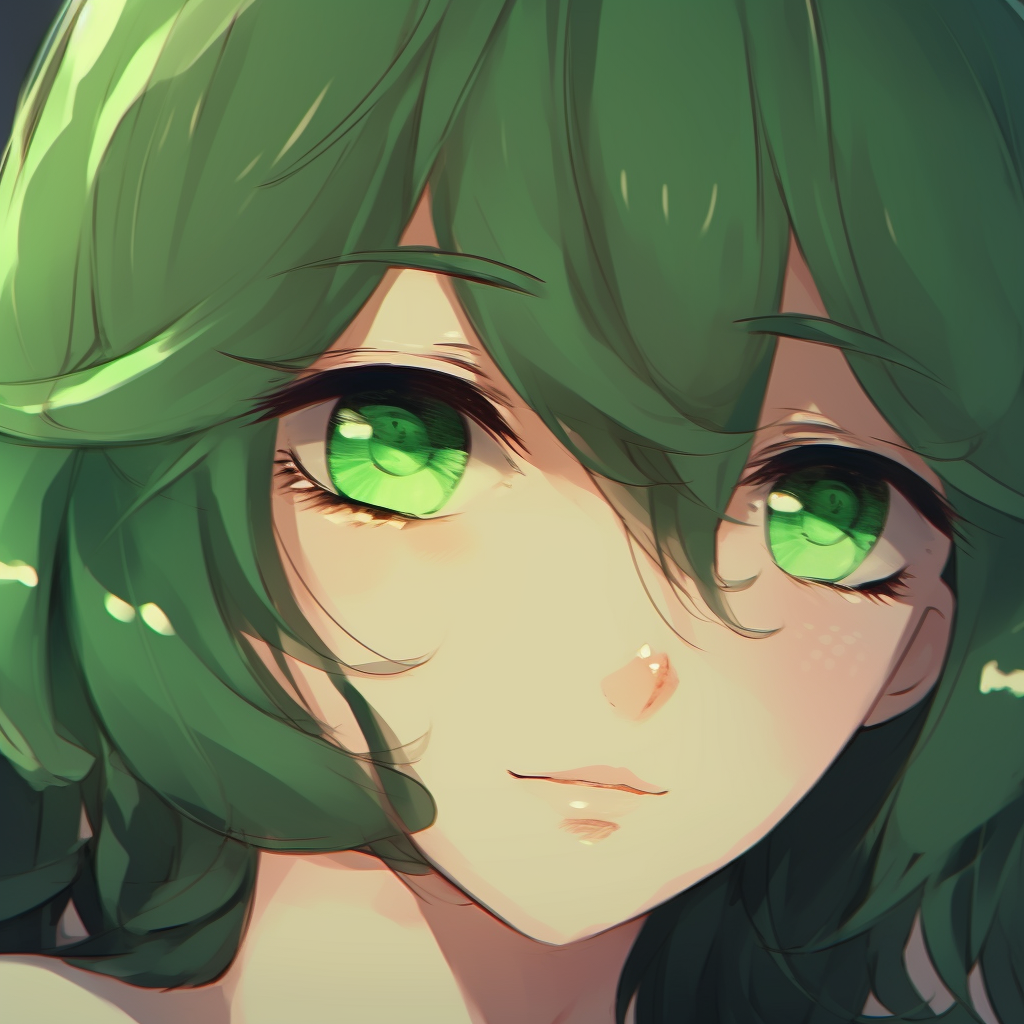 Close-up of a green-eyed anime character, detailed shading and expressive lines. whimsical green anime pfp collection