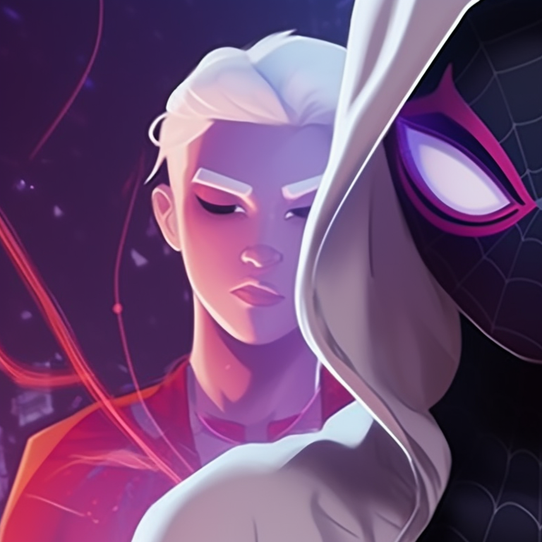 Gwen and Miles roaming the city under a moonlit sky dressed in Halloween garb. spider gwen halloween pfp pfp for discord.