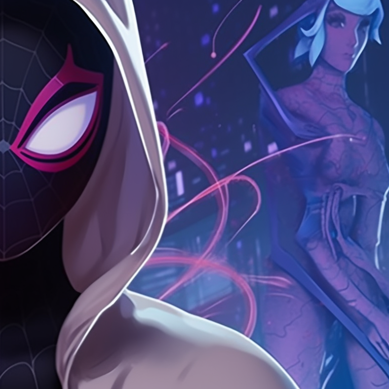 Gwen and Miles roaming the city under a moonlit sky dressed in Halloween garb. spider gwen halloween pfp pfp for discord.