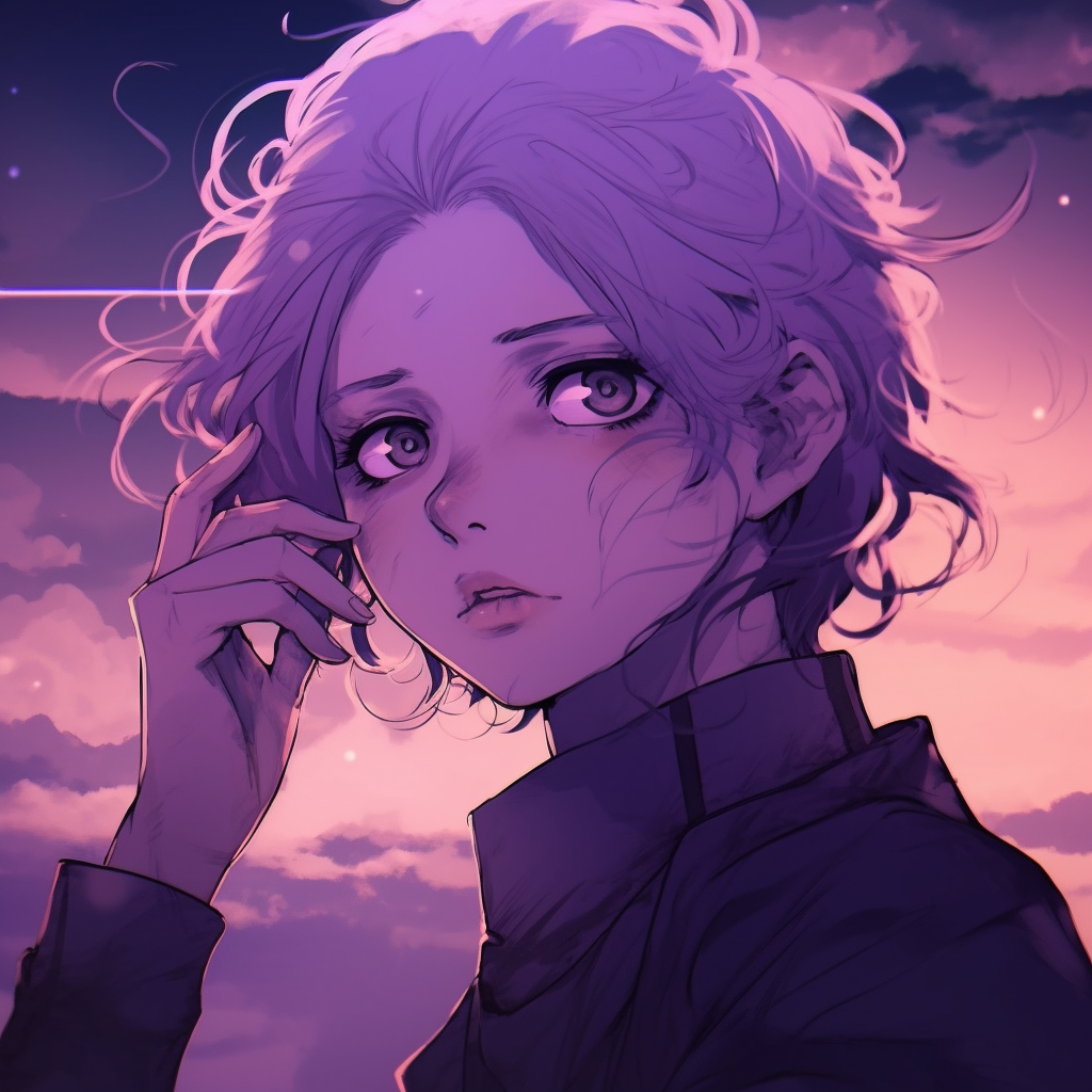 A portrait bathed in periwinkle hues, detailed hair strands and expression bring the image to life. anime purple pfp beauties pfp for discord.