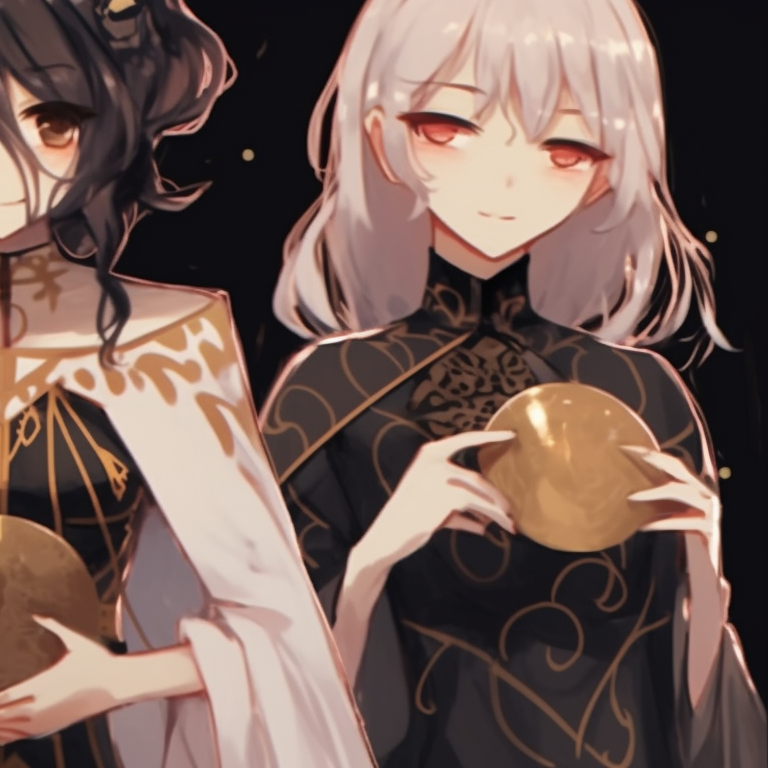 Three characters in royal outfits, expressive use of gold accents, elegant and regal vibe. trio pfp matching for girls pfp for discord.