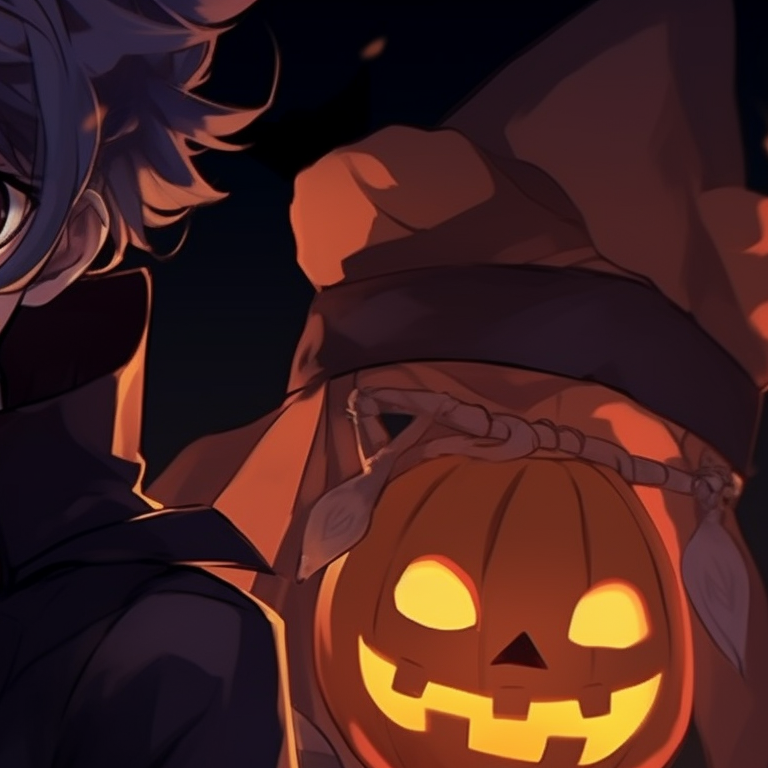 Two characters holding Halloween accessories, accentuated by a pumpkin-colored theme. halloween theme pfp characters from a silent voice pfp for discord.