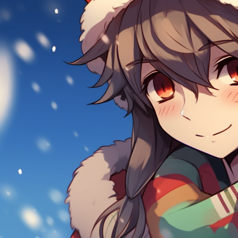 Two characters in Santa hats, intense eyes under festive lights and a bold use of shades of red. seasonal matching pfp christmas pfp for discord.