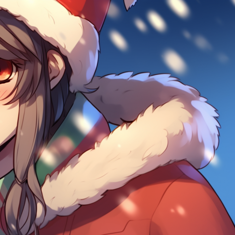 Two characters in Santa hats, intense eyes under festive lights and a bold use of shades of red. seasonal matching pfp christmas pfp for discord.