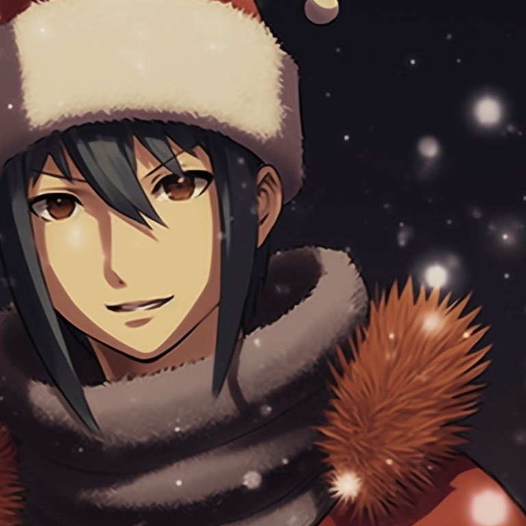 Sasuke and Sakura, seen in front of a christmas tree, clad in warm winter outfits. best matching christmas naruto pfp pfp for discord.