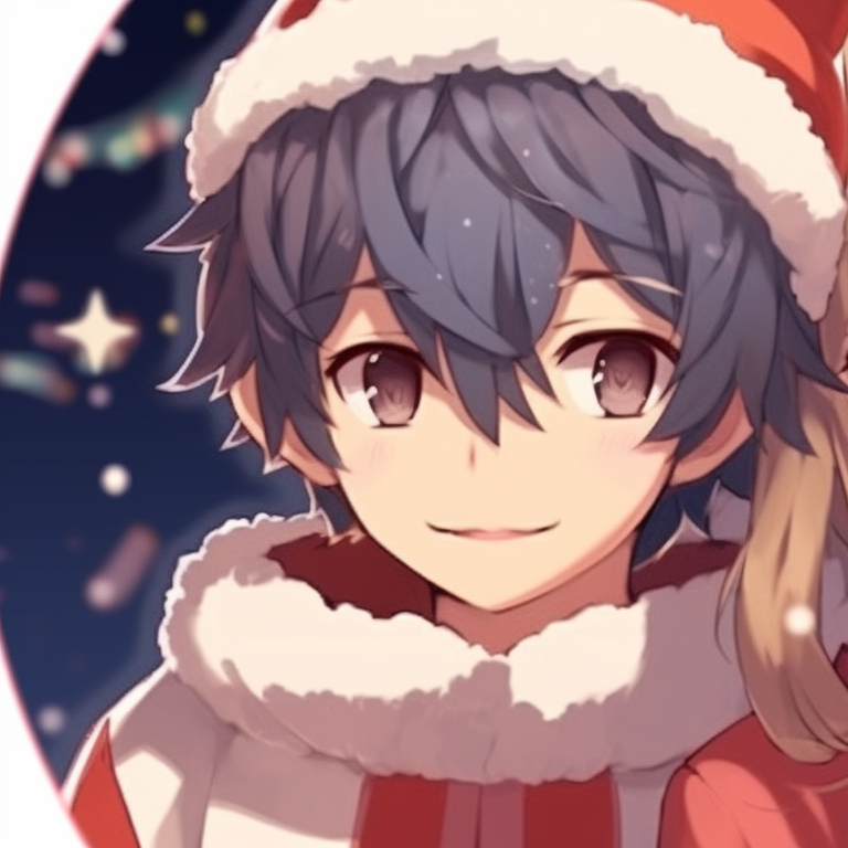 Two anime characters under a Christmas tree, rich colors and glowing lights, sharing a carol. stunning matching christmas cartoon pfp collections pfp for discord.