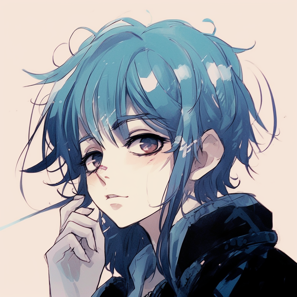Anime boy deep in thought, attention to emotion detail, subtle coloring and minimalistic background. anime pfp aesthetic boy imagery