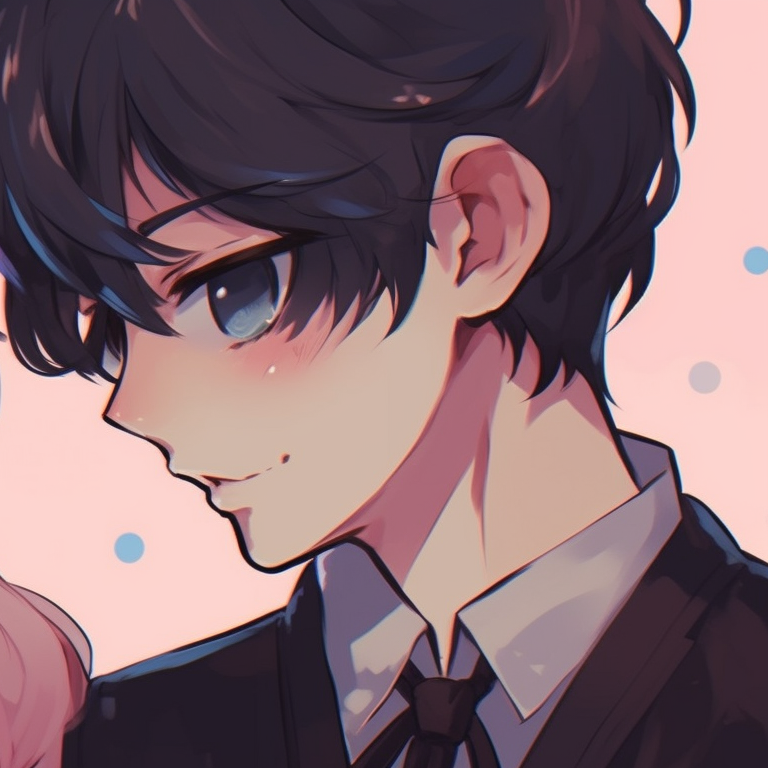 Two characters, brightly colored eyes, hats in matching aesthetics, shoulder to shoulder. kawaii anime matching pfp couple pfp for discord.