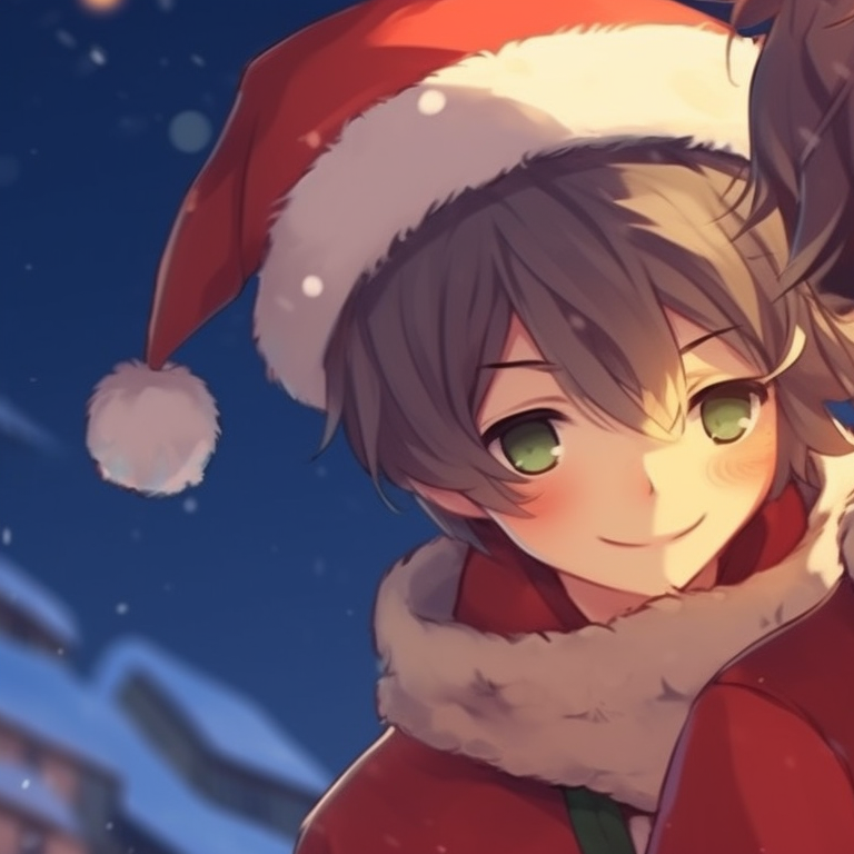 Two characters in Santa costumes cuddling, vibrant red and white colours, with a glowing ambiance. christmas matching pfp for festive pfp for discord.
