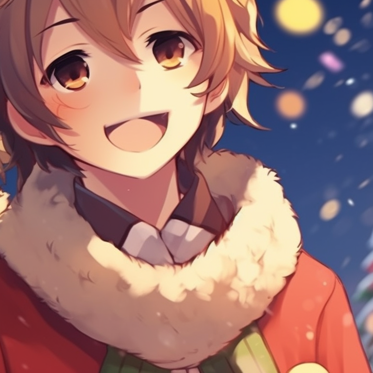 Two characters in Santa costumes cuddling, vibrant red and white colours, with a glowing ambiance. christmas matching pfp for festive pfp for discord.