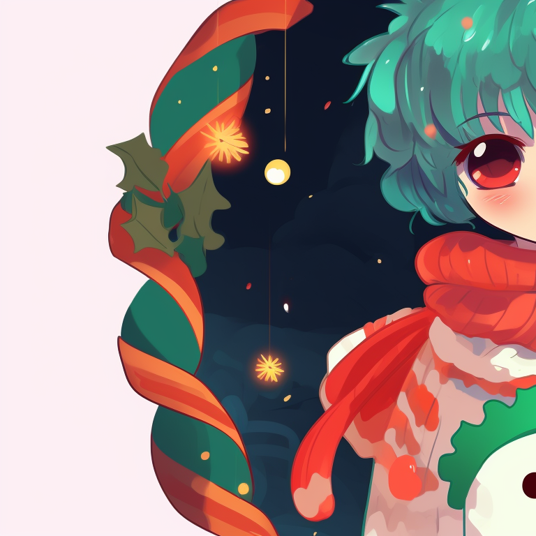 Two characters tangling in Christmas lights, bright festive colors. discord server pfp matching for christmas pfp for discord.