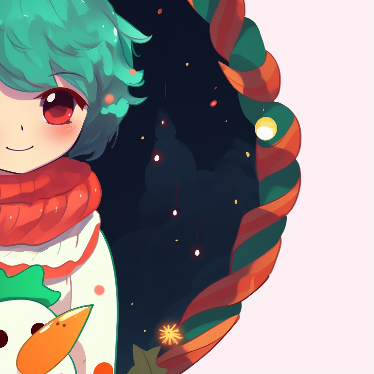 Two characters tangling in Christmas lights, bright festive colors. discord server pfp matching for christmas pfp for discord.