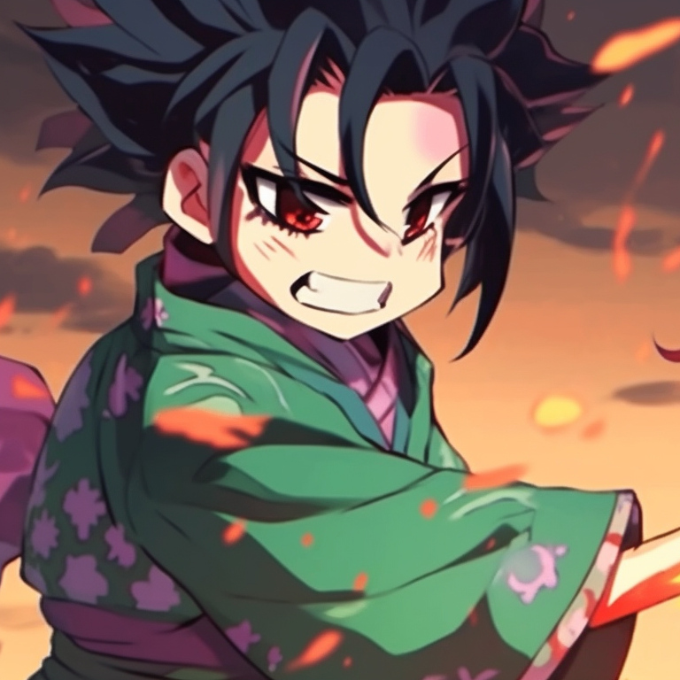 Two characters in fighting stances, vivid colors and dynamic poses. charming demon slayer matching pfp set pfp for discord.