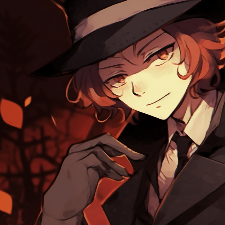 Dazai and Chuuya in elegant, gothic-inspired outfits, with detailed ruffles and lace, set against a spooky Halloween backdrop. dazai chuuya halloween pfp pfp for discord.