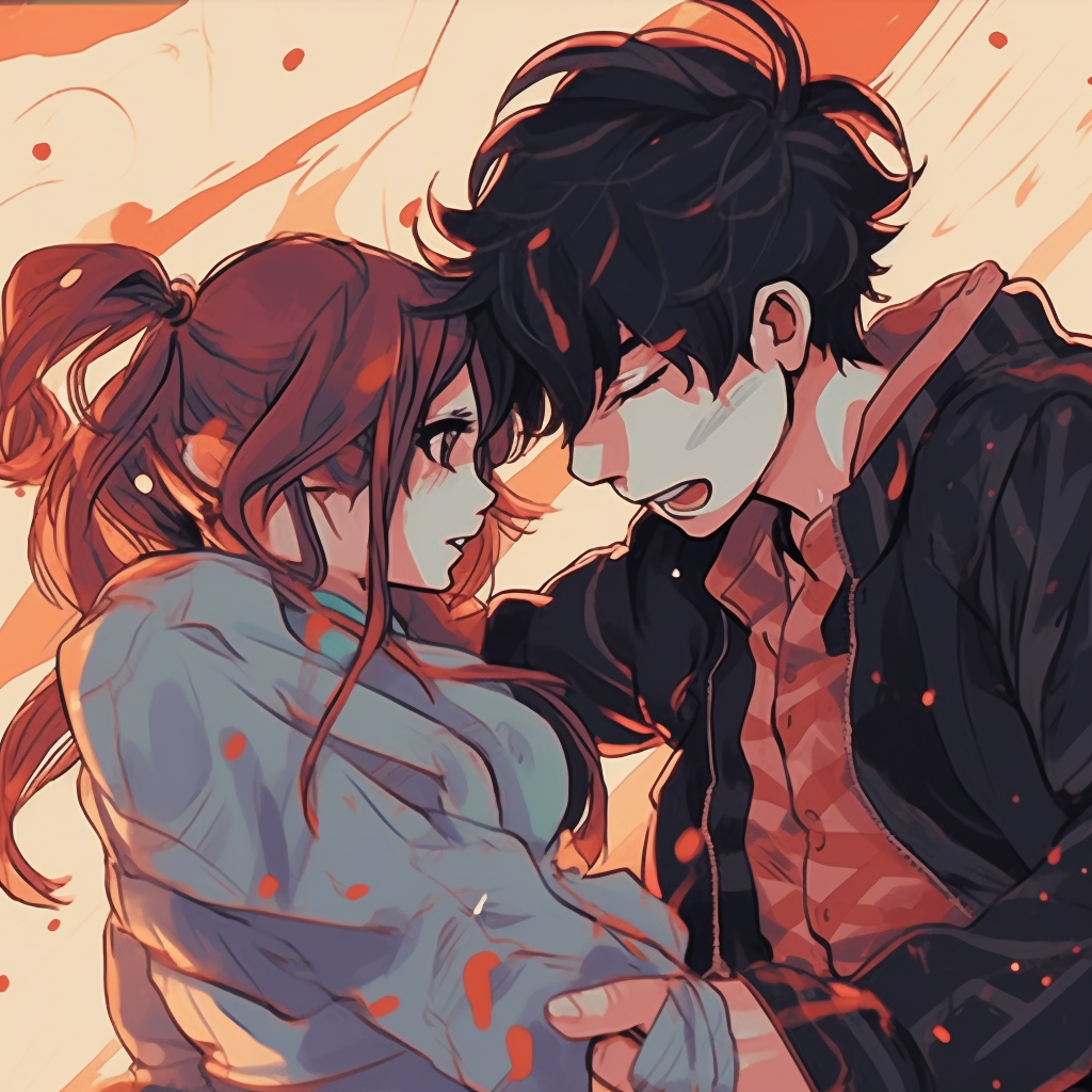 Anime couple in a dynamic battle pose, rich colors and energetic linework. animated matching couple pfp