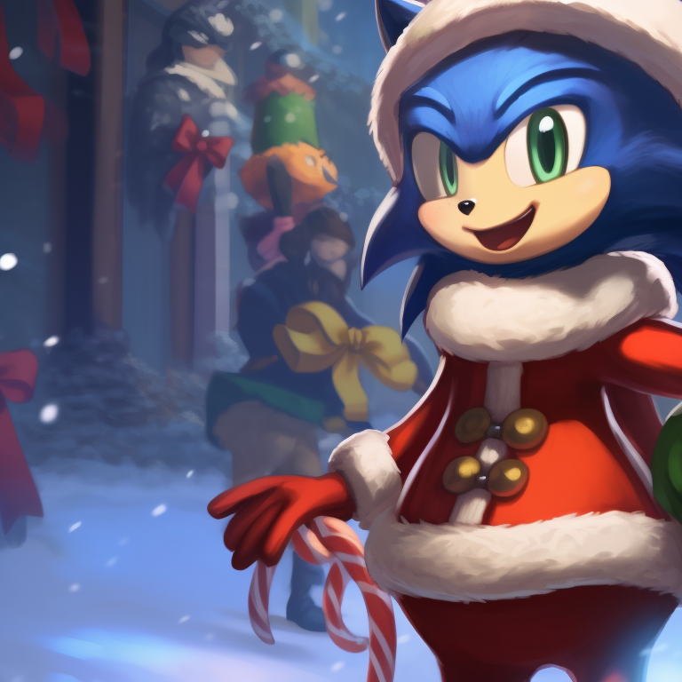 Two characters dressed in holiday-themed outfits, bright colors and detailed shading, in mid-run. loved matching christmas sonic pfp pfp for discord.