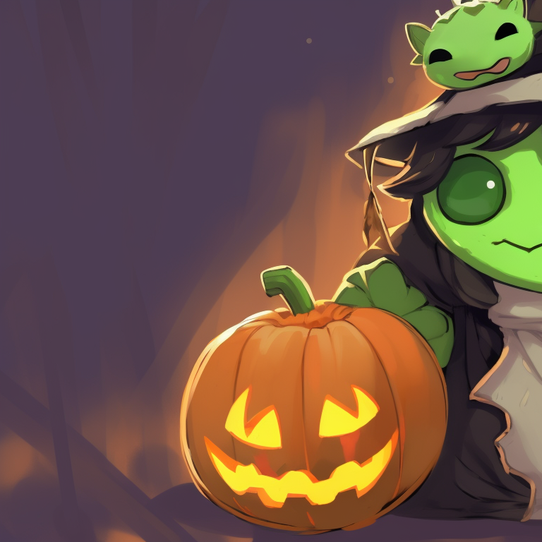 Two frog characters wearing scarfs, riding on a broom, playful expressions, vivid colors with oranges, yellows, and purples. unique matching frog pfp halloween theme styles pfp for discord.