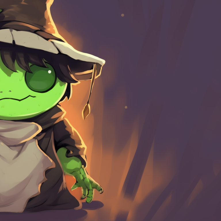 Two frog characters wearing scarfs, riding on a broom, playful expressions, vivid colors with oranges, yellows, and purples. unique matching frog pfp halloween theme styles pfp for discord.
